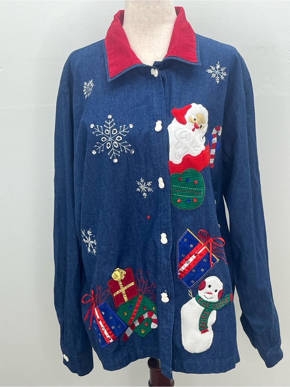 Tantrums Women’s Santa Snowman Applique Rhinestone Christmas Denim Shirt XL